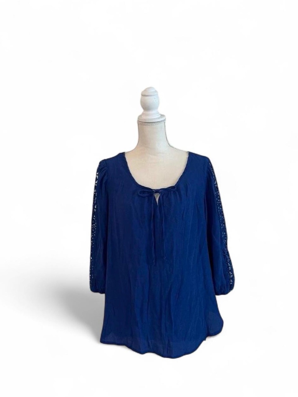 Unique Spectrum Navy Blue Peasant Tunic with Lace-Trim Sleeves